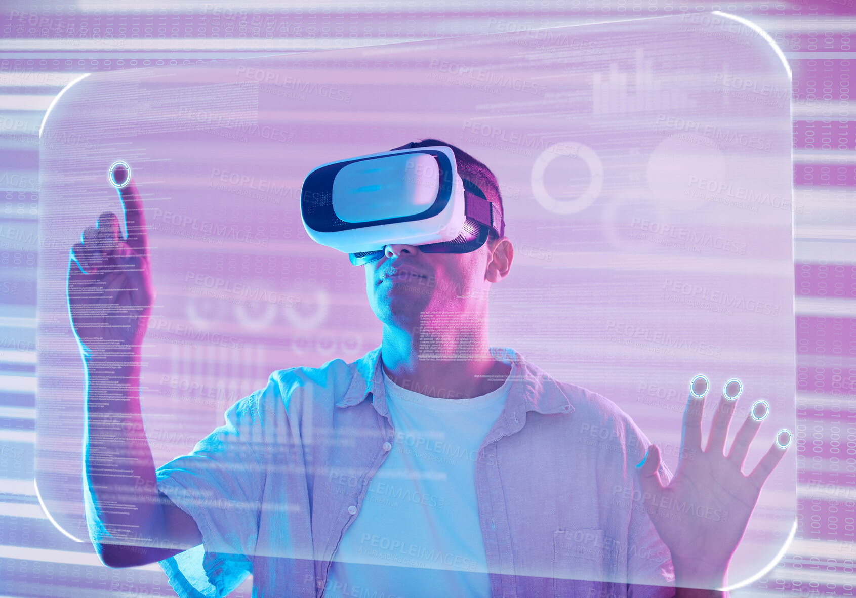 Buy stock photo Data, vr futuristic and man in metaverse exploring a cyber world. Digital transformation, 3d virtual reality and male touching or pressing ux button, information or ai, dashboard or software app.