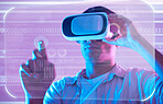 Futuristic data, virtual reality and man in metaverse exploring a cyber world. Digital transformation, neon technology and male touching ux button for trading, stock market or vr, binary or software.
