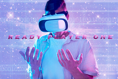 Buy stock photo Universe, virtual reality and man in metaverse with 3d technology headset. Vr, futuristic neon or male player exploring galaxy cosmos, stars or aerospace while looking at hands in online fantasy game
