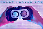3d, virtual reality headset and hands of man ready to explore cyber world. Binary metaverse, futuristic neon or pov of male player holding technology for vr exploration and gaming glasses for esports
