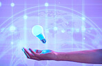 Lightbulb, hand and idea of future, global networking or ai technology on digital purple background. Energy, electricity and person with creative, neon and futuristic connection, cyber world or globe
