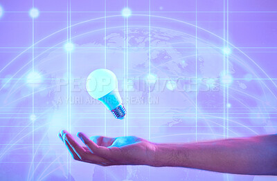Buy stock photo Lightbulb, hand and idea of future, global networking or ai technology on digital purple background. Energy, electricity and person with creative, neon and futuristic connection, cyber world or globe