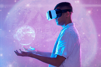 Buy stock photo Vr, metaverse and man with globe hologram for networking, connection and digital transformation. Neon world, futuristic technology and male holding 3d earth with virtual reality software on headset.