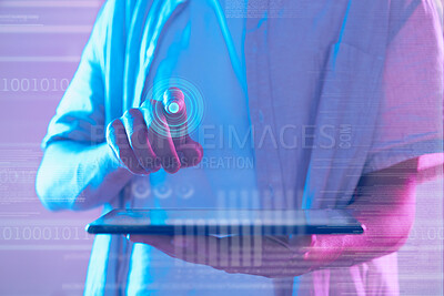 Buy stock photo Futuristic, fingerprint and hands of man with tablet pressing to unlock. Biometric hologram, data scanning or male with future technology touchscreen for cyber security, biometrics and identification