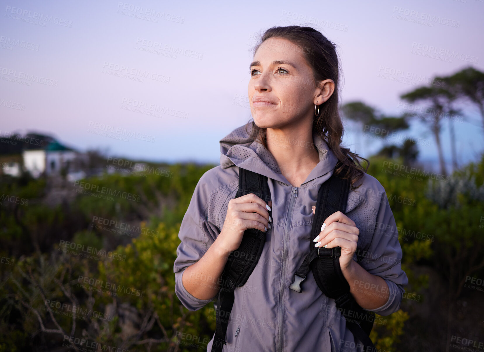 Buy stock photo Woman, hiker and backpacking in nature travel for sightseeing or adventure in the outdoors. Happy female tourist carrying bag, hiking or trekking in journey, trip or traveling for healthy wellness