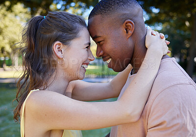 Buy stock photo Happy, love and interracial couple at park for date with diversity, summer celebration and valentines day. Race, black man with partner or people together in garden excited for anniversary in nature