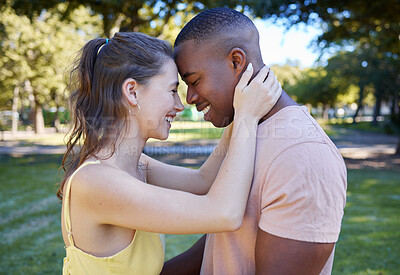 Buy stock photo Smile, love and interracial couple at a park date with diversity, summer celebration and valentines day. Race, care and black man with partner or people together in garden happy for picnic with peace