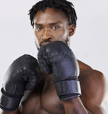 Buy stock photo Boxing gloves, strong man and fitness portrait to fight for sports training and workout in studio. Athlete boxer person ready for exercise, performance and mma competition with power and energy