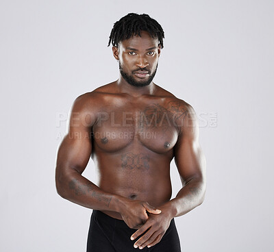 Buy stock photo Fitness, black man and body portrait of sports person in studio for strong muscle and power. Health and wellness of a sexy male bodybuilder model with growth after exercise, workout and training