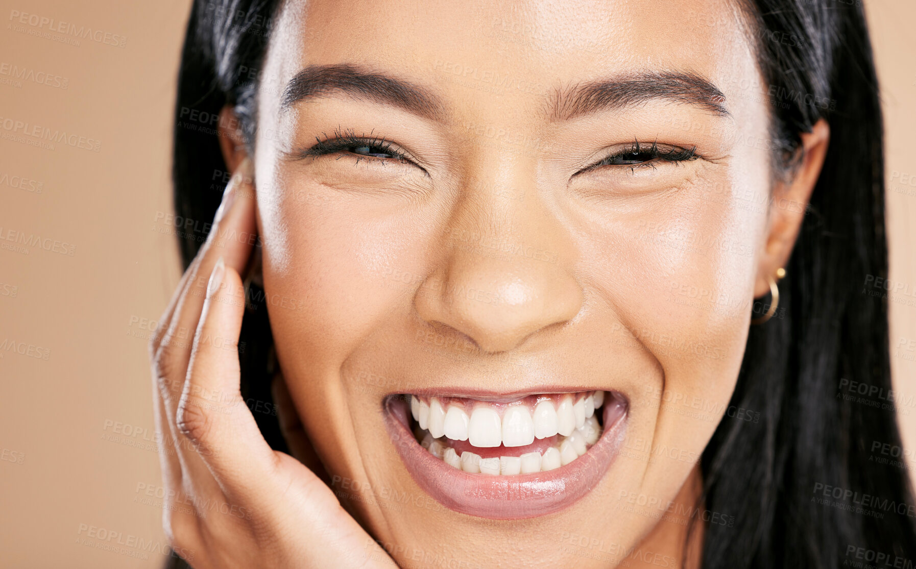 Buy stock photo Happy, makeup and portrait of a woman with a smile for skincare isolated on a studio background. Laughing, happiness and face of a cosmetics Asian model smiling for glow on skin on a backdrop