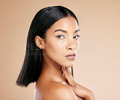 Buy stock photo Portrait, skincare and black woman with natural beauty, dermatology and cosmetics with lady on brown studio background. Face, girl and African American female with makeup, confidence and wellness