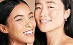 Skincare, cosmetics and portrait of women with makeup isolated on a studio background. Smile, dermatology and face of model friends with happiness for foundation shade diversity on a backdrop
