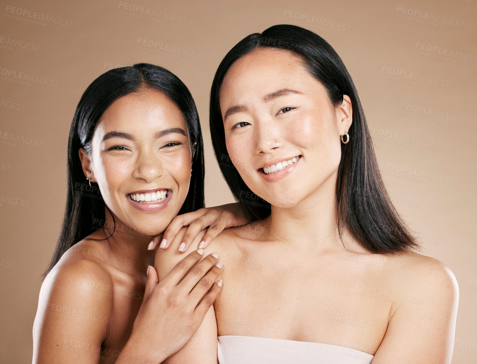 Buy stock photo Portrait, beauty and diversity with model woman friends in studio on a beige background for skincare. Face, skin and wellness with a young female and friend posing to promote a cosmetic product