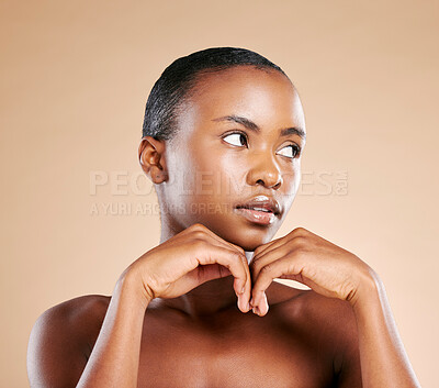 Buy stock photo Beauty, wellness and face of black woman with hands to promote luxury treatment, cosmetics and makeup. Spa aesthetic, skincare and female model on brown background for facial, shine and glowing skin