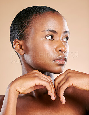 Buy stock photo Skincare, beauty and face of black woman with hands to promote luxury treatment, cosmetics and makeup. Spa aesthetic, wellness and female model on brown background for facial, shine and glowing skin