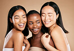 Skincare, beauty and diversity, happy women with smile and eyes closed on studio background. Health, wellness and luxury cosmetics, healthy skin care and beautiful, friendly people in natural makeup