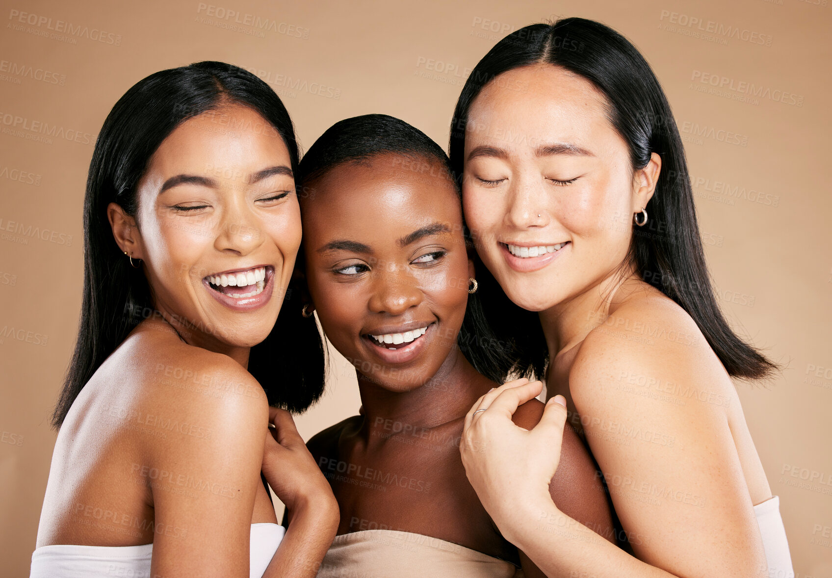 Buy stock photo Skincare, beauty and diversity, happy women with smile and eyes closed on studio background. Health, wellness and luxury cosmetics, healthy skin care and beautiful, friendly people in natural makeup