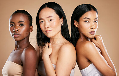 Buy stock photo Skincare, diversity, and portrait of multicultural models with salon hair on studio background. Health, wellness and luxury cosmetics, healthy skin care and beautiful people, women in natural makeup