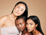 Portrait, skincare or women with beauty, diversity or natural glow relaxing while isolated on studio background. Support, faces or beautiful girl models with dermatology cosmetics or facial products 