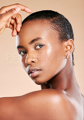 Buy stock photo Wellness, beauty and portrait of black woman in studio to promote luxury treatment, cosmetics and makeup. Spa aesthetic, skincare and girl model on brown background for facial, shine and glowing skin