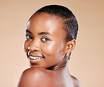 Black woman, model and skincare portrait with smile, healthy cosmetic glow on skin by beige background. Happy African model, girl and beauty with makeup, natural aesthetic and cosmetics for self love