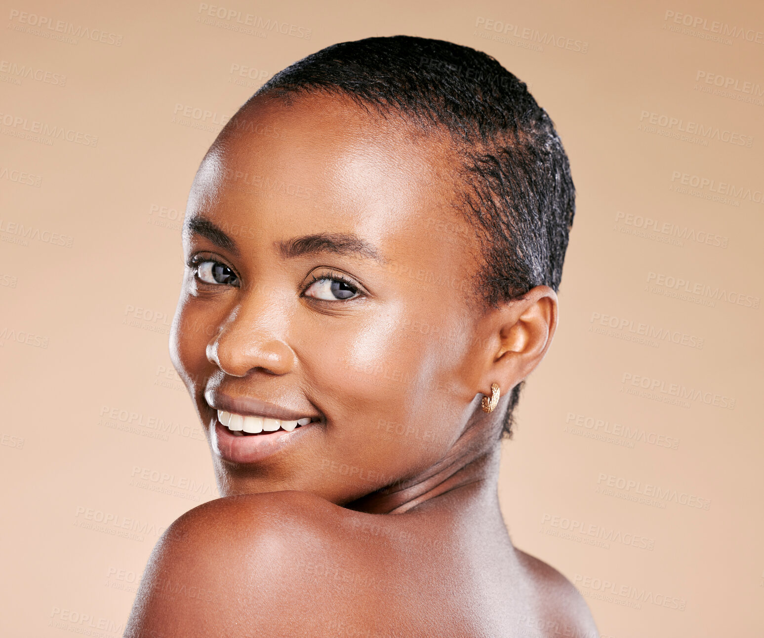 Buy stock photo Black woman, model and skincare portrait with smile, healthy cosmetic glow on skin by beige background. Happy African model, girl and beauty with makeup, natural aesthetic and cosmetics for self love