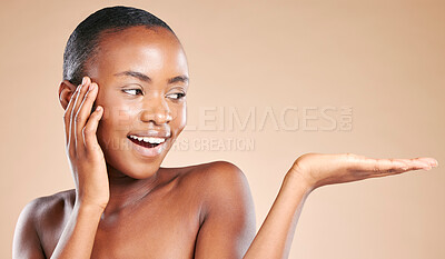 Buy stock photo Black woman, smile and skincare with handout for advertising cosmetics, makeup or product on mockup. Happy isolated African American female smiling in satisfaction showing hand gesture for marketing