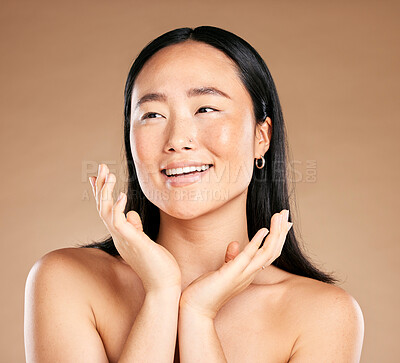 Buy stock photo Beauty, skincare or happy Japanese woman cleaning face in grooming routine isolated on studio background. Tokyo, relaxed or beautiful Asian girl model smiles in luxury facial treatment with self care