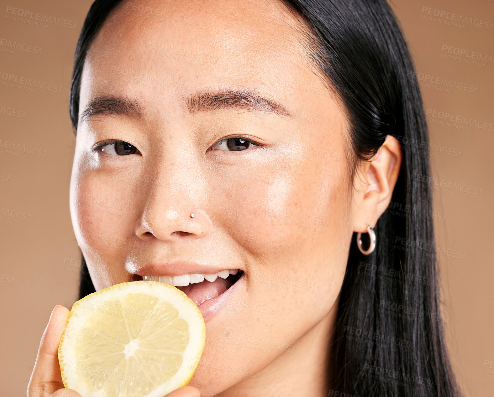 Buy stock photo Asian woman, studio portrait and lemon for smile, healthy cosmetic glow on skin health by background. Japanese model, girl and beauty for vitamin c fruit, natural aesthetic or cosmetics for self love