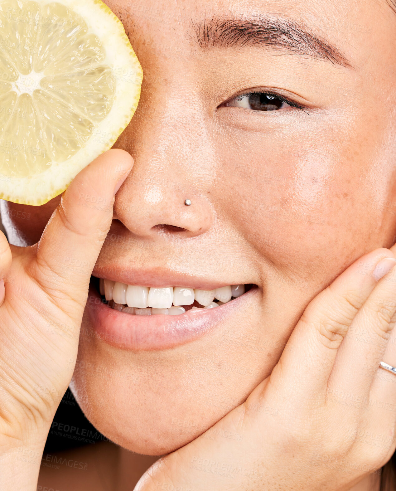 Buy stock photo Skincare, glow and portrait of a healthy woman with a lemon for body detox, health and wellness. Vitamin c, food and happy Japanese model with a fruit for diet, nutrition and vegan dermatology