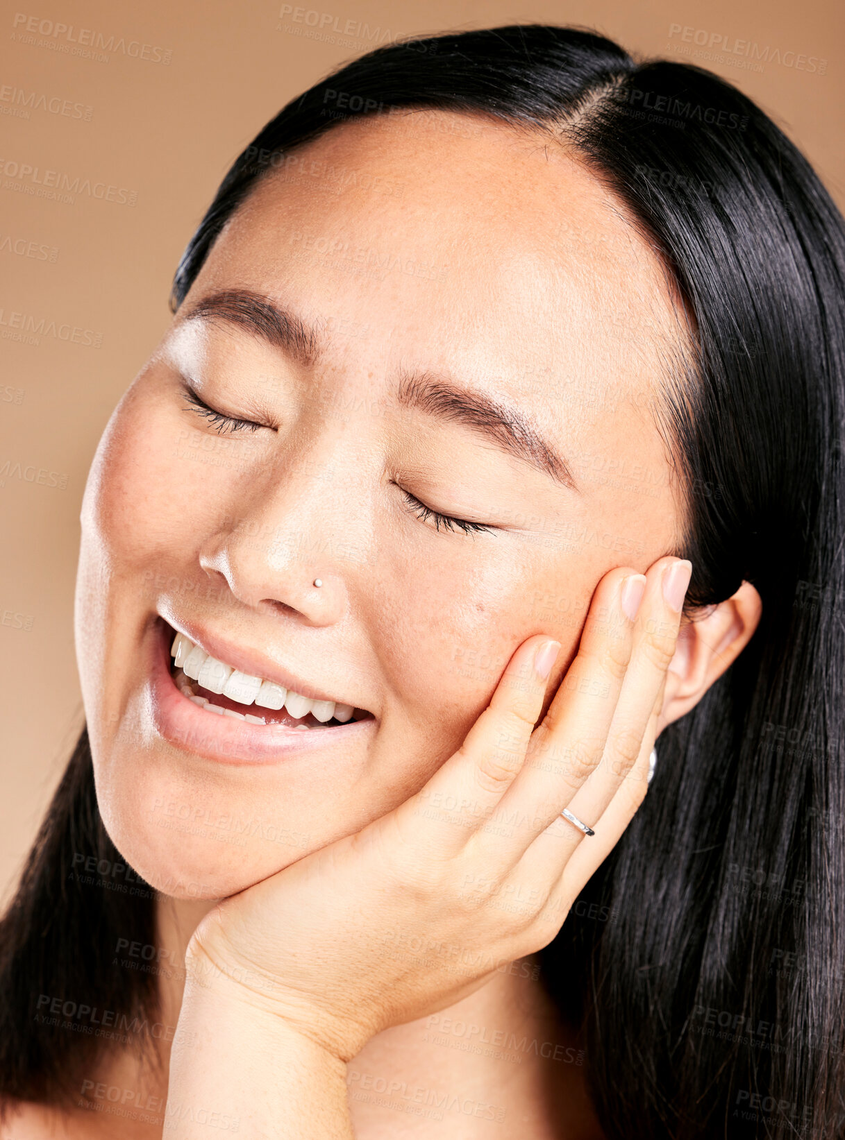 Buy stock photo Beauty, skincare or woman with a happy smile on her face in grooming routine isolated on studio background. Tokyo, relaxed or beautiful Japanese girl model in luxury facial treatment for self care