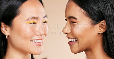 Buy stock photo Face, makeup and diversity with model woman friends closeup in studio on a beige background. Skincare, beauty or cosmetics with an attractive young female and friend posing to promote a skin product