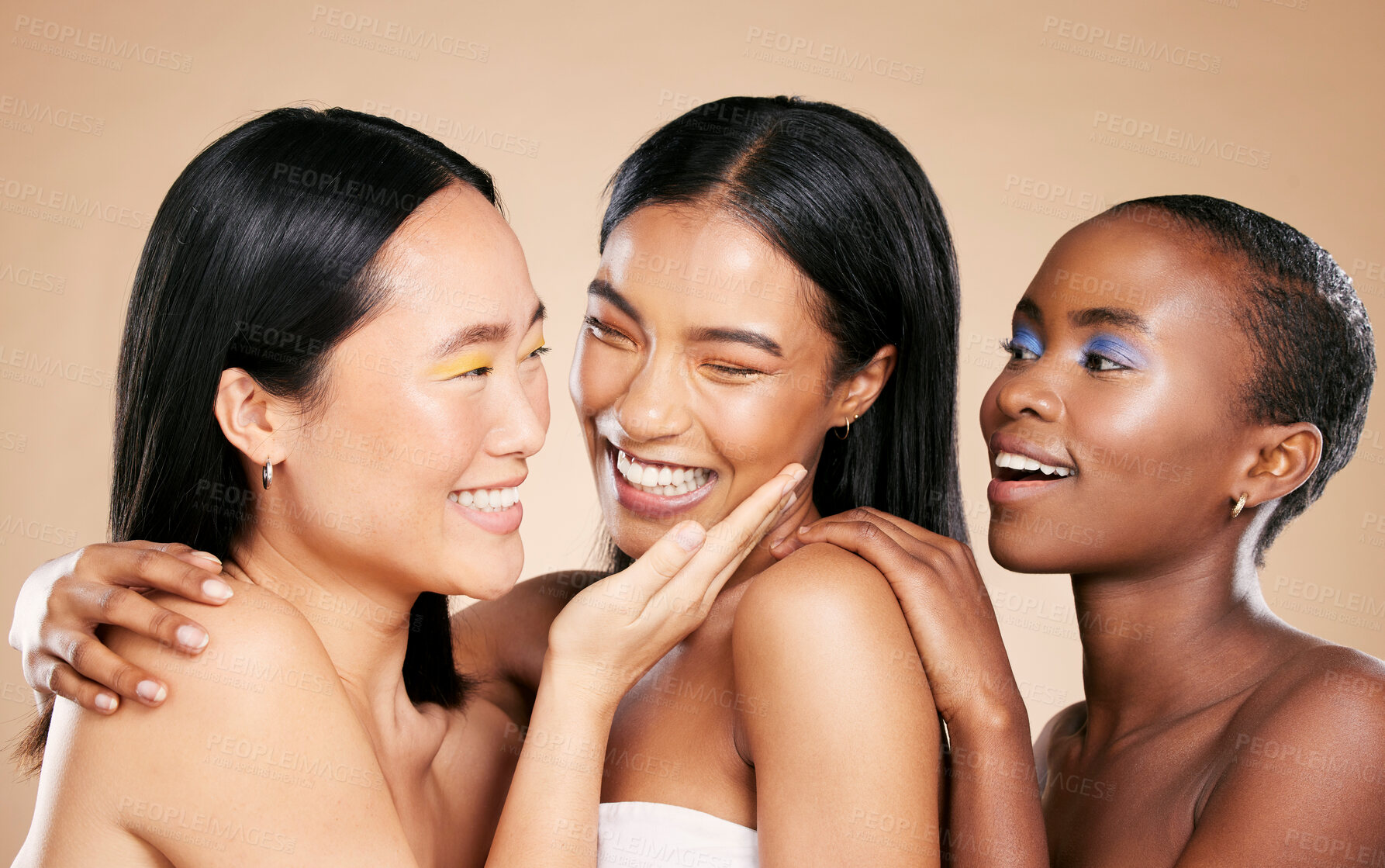 Buy stock photo Diversity, beauty makeup and women smile for skincare wellness and cosmetics dermatology in brown background studio. Young model support, happiness and luxury spa treatment for natural glowing skin 