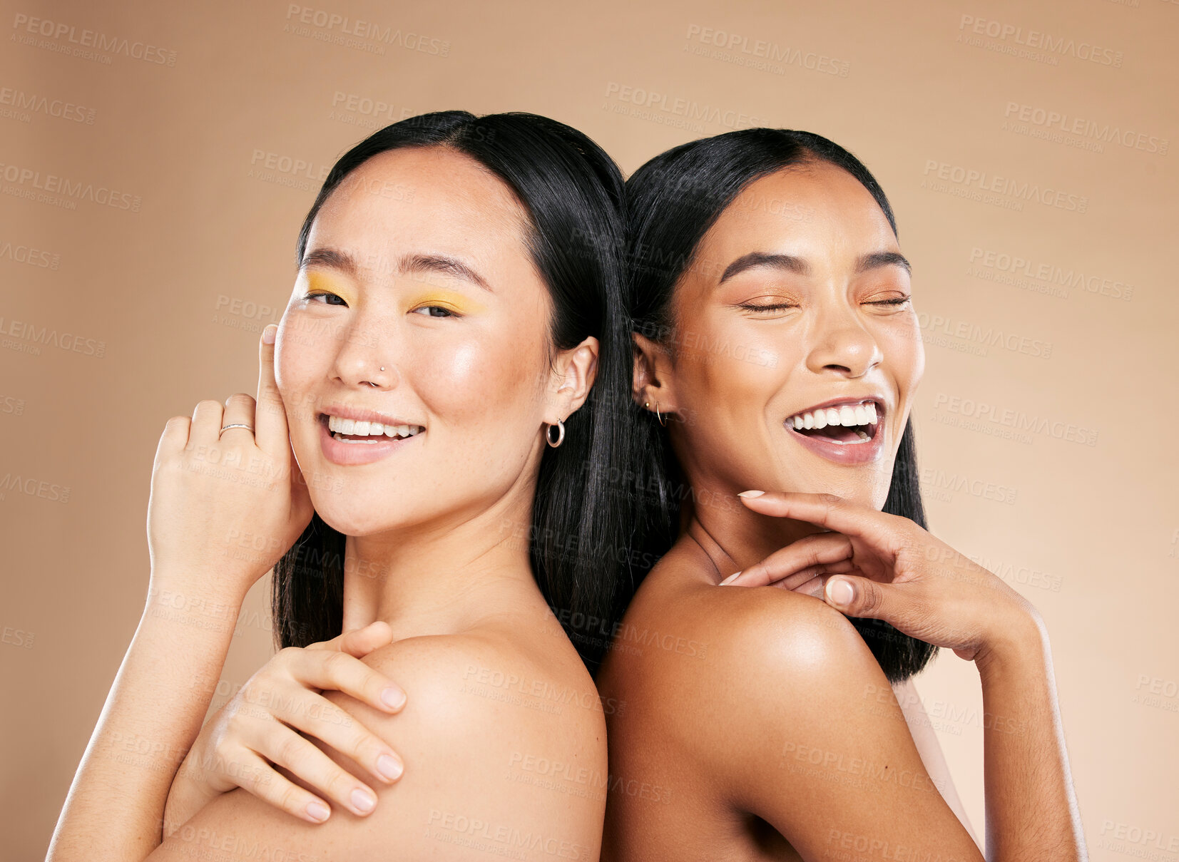 Buy stock photo Women, beauty and makeup in studio for wellness, hygiene and creative grooming on brown background. Face, friends and eyeshadow by girl with different, skin and luxury skincare, relax and isolated 