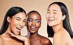 Diversity, beauty portrait and happy with makeup for cosmetics dermatology, skincare wellness and facial care in brown background studio. Women inclusion, model happiness smile and luxury face glow 