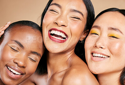 Buy stock photo Diversity, beauty and women, face and happy with skincare, natural cosmetics and eye makeup isolated on studio background. Cosmetic glow, different skin color and wellness, dermatology and portrait