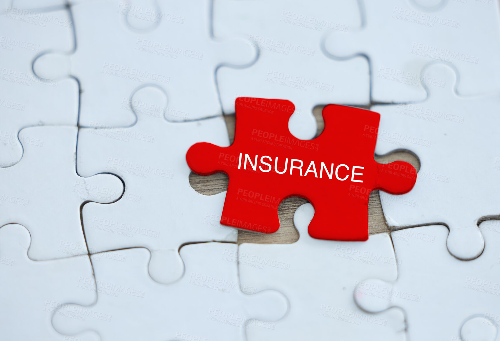 Buy stock photo Insurance, puzzle and security for safety, healthcare and loss of life coverage, retrenchment and financial crisis. Protection, business plans and insured for finance, future and damage to property 