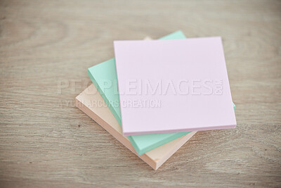 Buy stock photo Top view, wood and sticky notes for brainstorming, ideas and planning with communication, schedule and paper. Mockup table and post it for messages, updates and motivation for goals, target and color