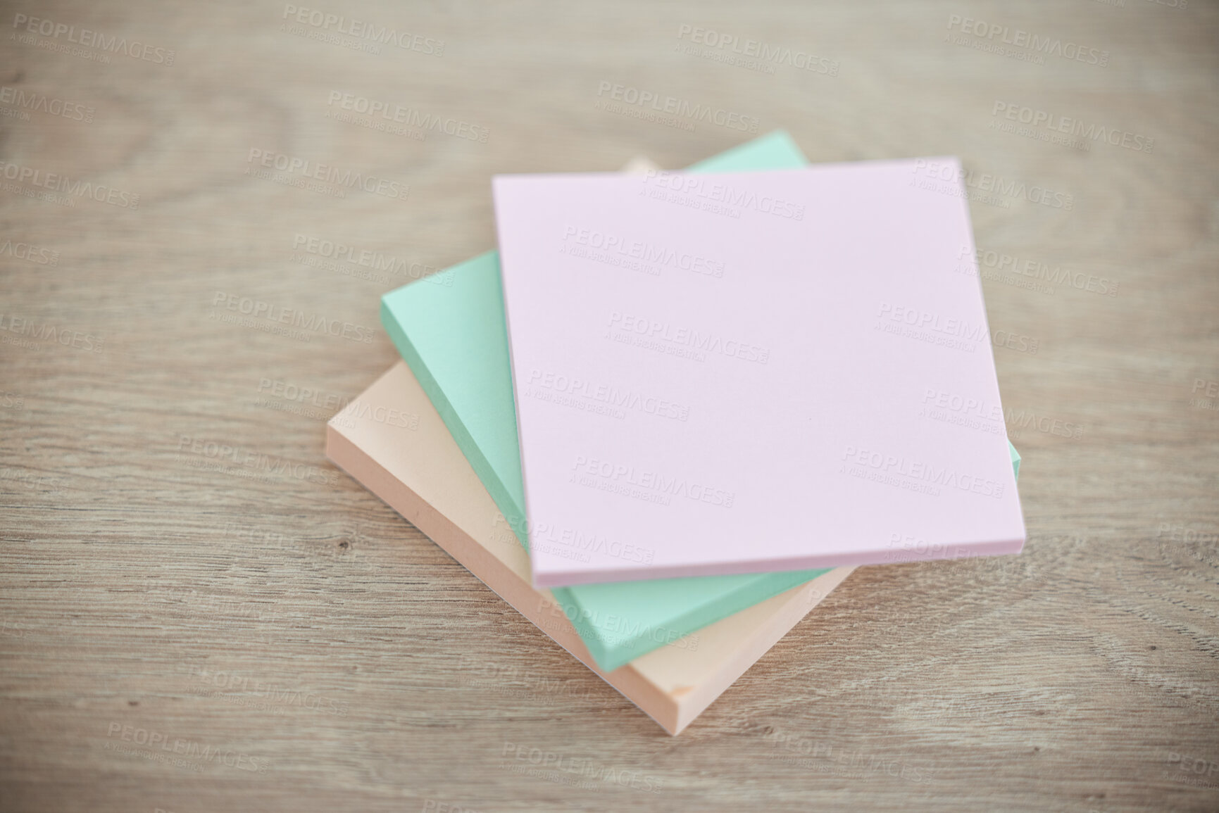 Buy stock photo Top view, wood and sticky notes for brainstorming, ideas and planning with communication, schedule and paper. Mockup table and post it for messages, updates and motivation for goals, target and color