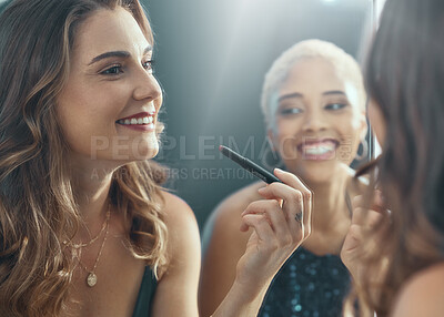 Buy stock photo Makeup, smile and women getting ready for a party, social celebration and lipstick for an event. Happy, mirror reflection and friends with cosmetics for a girls night, new year and disco together