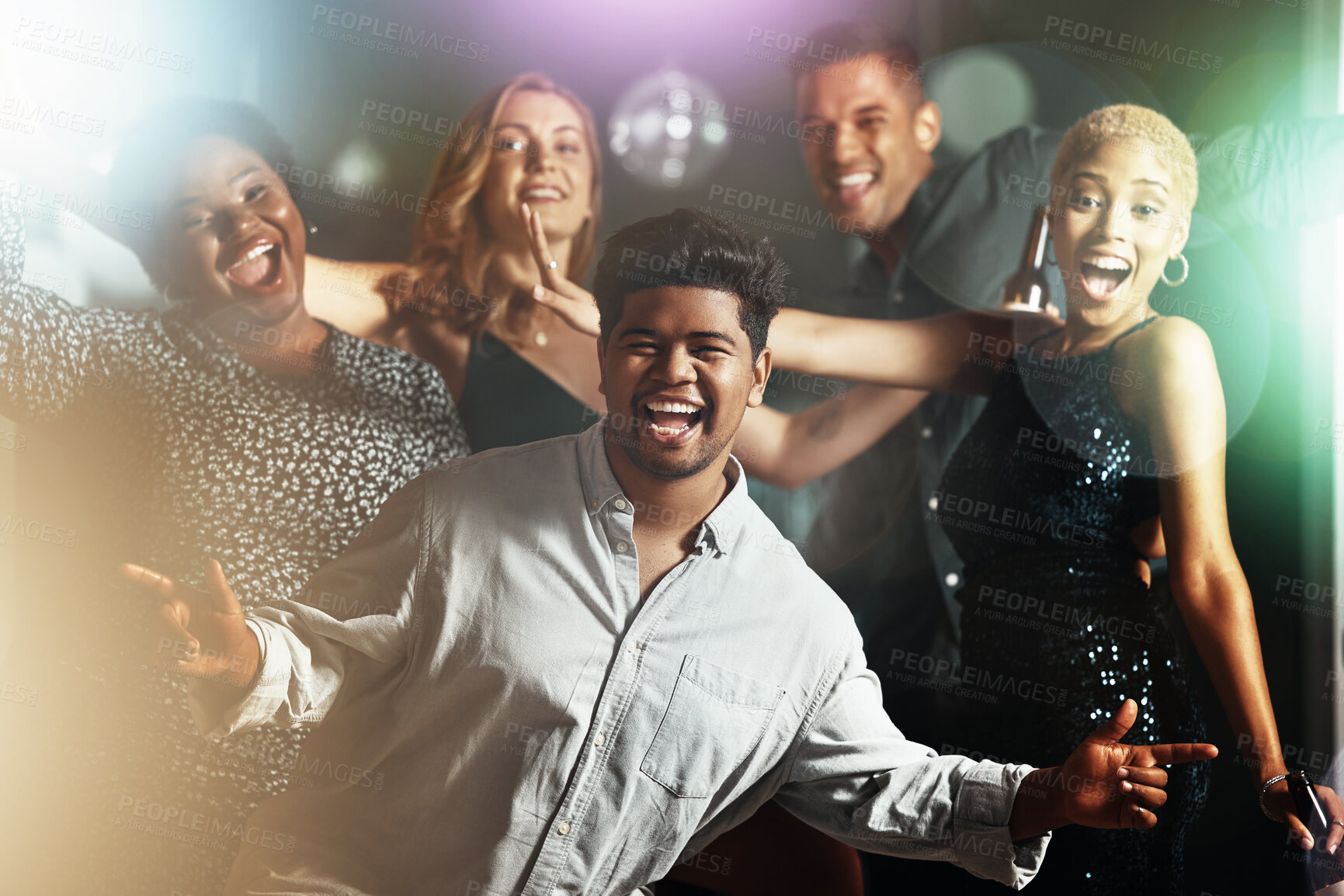 Buy stock photo Happy people, diversity or dancing portrait on dance floor in party, nightclub event or bokeh disco for birthday celebration. Smile, dancer or bonding friends in social gathering, concert or festival