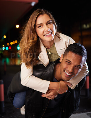 Buy stock photo Couple of friends, piggyback and night portrait on city street or road in birthday celebration, romance date and goofy game. Smile, happy and man carrying woman in comic activity and silly bonding