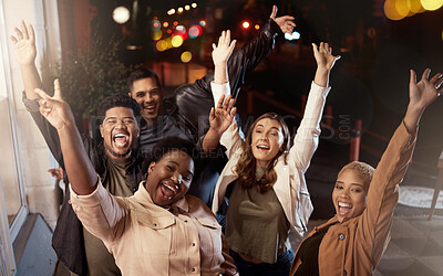 Buy stock photo Happy people, diversity or hands up portrait in city for dance party, nightclub event or birthday celebration. Smile, friends or bonding men and excited women in social gathering, concert or festival