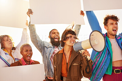 Buy stock photo Lgbt protest, megaphone and group of people in city for activism, human rights and equality in society. Freedom, diversity and lgbtq community crowd with mockup billboard space for social movement
