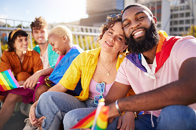 Buy stock photo Lgbt, city and portrait of couple of friends with rainbow flag for support, queer celebration and parade. Diversity, lgbtq community and group of people enjoy freedom, happiness and pride identity
