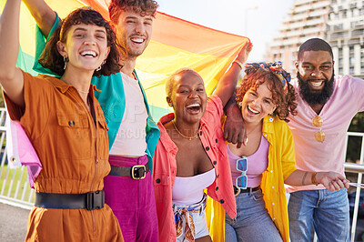Buy stock photo Portrait, rainbow and flag with a friends outdoor together for diversity, gay pride or freedom. Support, lgbt and human rights with a man and woman friend group standing outside for equality