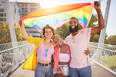 Buy stock photo Portrait, rainbow and flag with a lgbt friends outdoor together for diversity, gay pride or freedom. Support, equality and human rights with a man and woman friend group standing outside for politics
