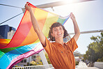 Portrait, pride and woman with smile and flag for lgbtq community, ally or lesbian with support and equality in love. Rainbow, parade outdoor and lgbt awareness, inclusion celebration and sexuality