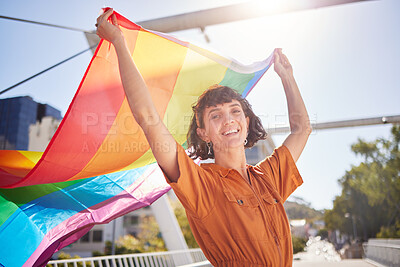 Buy stock photo Portrait, pride and woman with smile and flag for lgbtq community, ally or lesbian with support and equality in love. Rainbow, parade outdoor and lgbt awareness, inclusion celebration and sexuality