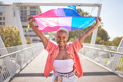 Buy stock photo Portrait, pride and black woman with flag on city bridge, lgbtq community and lesbian, identity and equality in love. Rainbow, outdoor and lgbt awareness, inclusion and celebration with sexuality